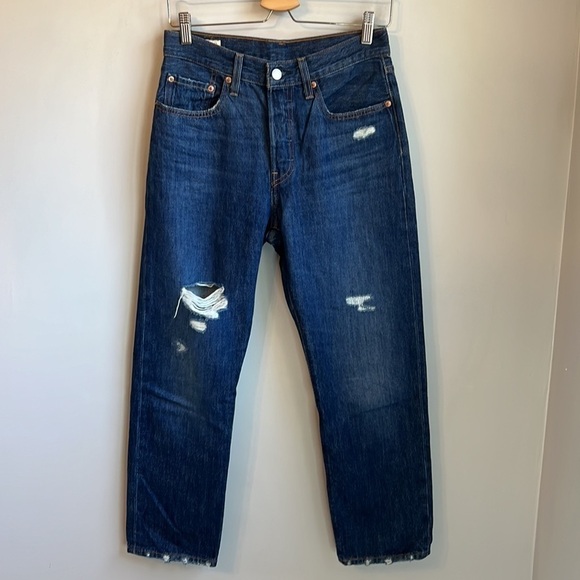 Levi’s 501 Dark Wash Distressed High Rise Straight Leg Cropped Jeans SZ 27 - Picture 4 of 12